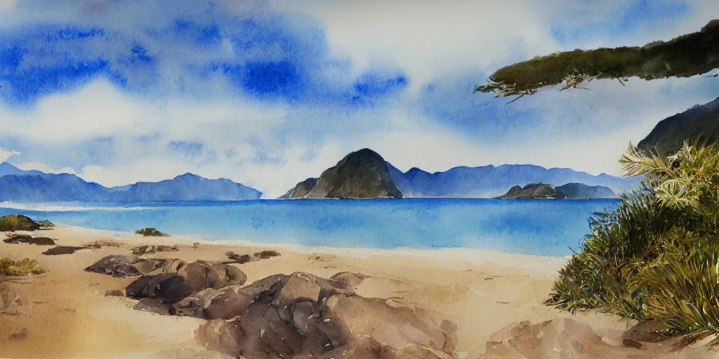 Image similar to golden bay new zealand, abel tasman, amazing watercolor painting, trending on artstation