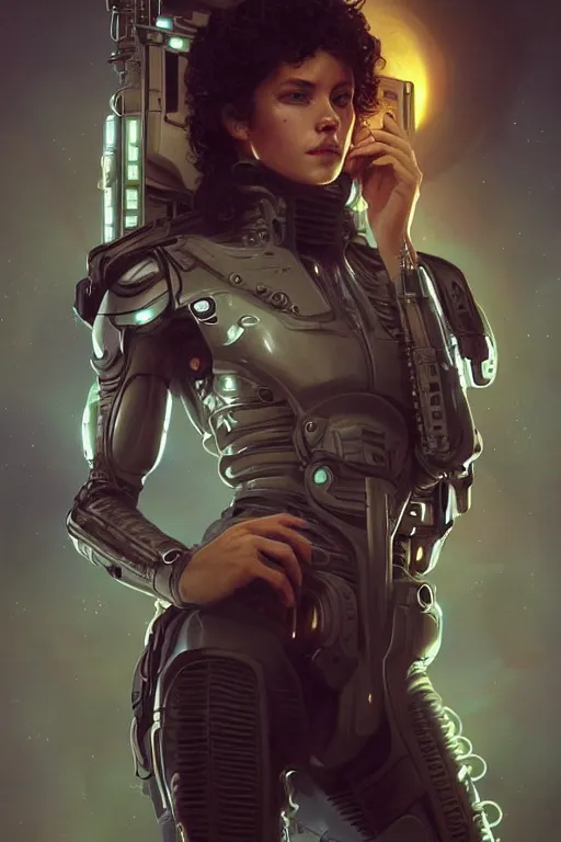 Image similar to full body portrait of Ripley, sci fi, synthwave, cyberpunk, intricate, elegant, highly detailed, digital painting, artstation, concept art, smooth, sharp focus, illustration, art by artgerm and greg rutkowski and alphonse mucha