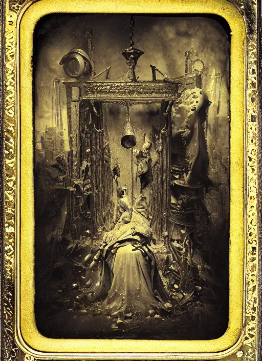 Image similar to old wetplate daguerreotype portrait of birth of lady justice, explosion of data fragments, fractal, intricate, elegant, highly detailed, parallax, leica, medium format, subsurface scattering, by jheronimus bosch and greg rutkowski and louis jacques mande daguerre