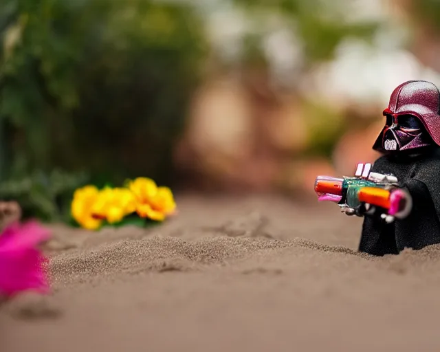 Image similar to 8 5 mm photography of darth vader playing with toys near a garden with sand with dof and bokeh and flowers