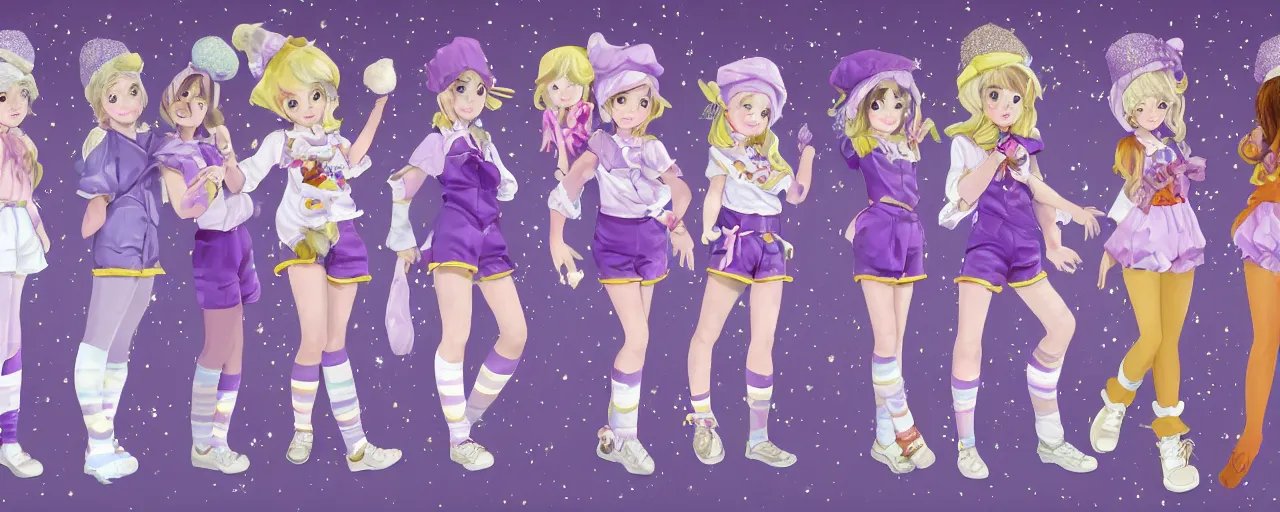 Prompt: A character sheet of full body cute magical girls with short blond hair wearing an oversized purple Beret, Baggy Purple overall shorts, Short Puffy pants made of silk, pointy jester shoes, a big billowy scarf, Golden Ribbon, and white leggings Covered in stars. Short Hair. Sunlit. Haute Couture. Baby the stars shine bright dress. Art by william-adolphe bouguereau and Paul Delaroche and Alexandre Cabanel and Lawrence Alma-Tadema. Smooth. Elegant. Highly Detailed. Intricate. 4K. UHD. Denoise.