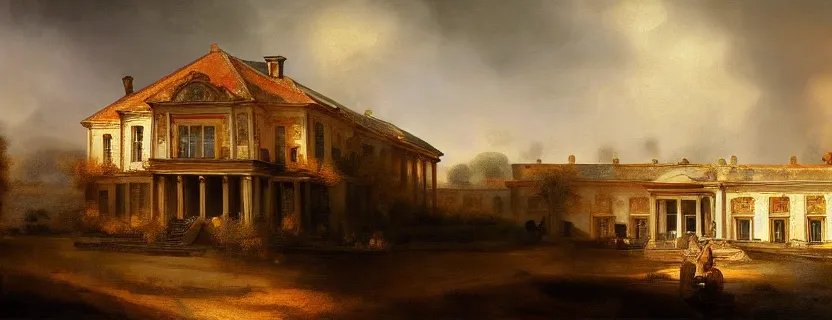 Prompt: oil baroque landscape painting of a gigantic white mansion, concept art, rembrandt, warm colors, wallpaper, 4 k, realistic lighting, brushstrokes, ultra - wide, minimalistic, cinematic framing