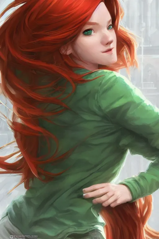 Image similar to beautiful cute red haired joyful and playful nineteen year old maiden standing up in casual green clothing, long hair, attractive face, modern city, comic book, rpg character, sci - fi, intricate, elegant, digital painting, artstation, concept art, smooth, 8 k frostbite 3 engine, ultra detailed, art by artgerm, greg rutkowski, magali villeneuve