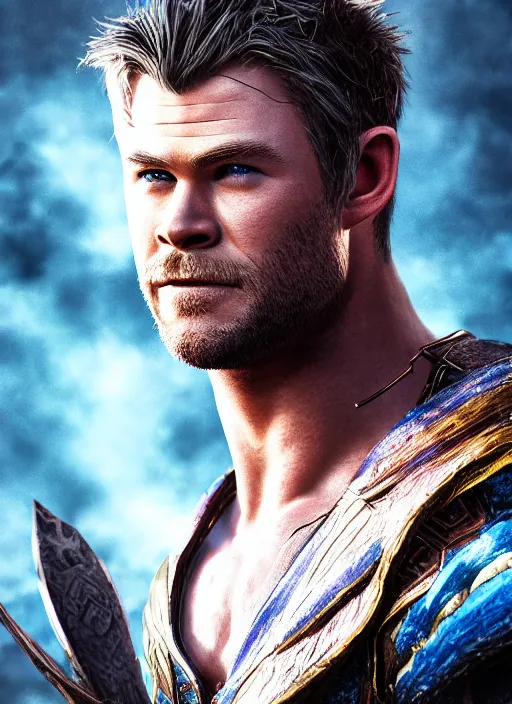 Image similar to A fantasy comic book style portrait painting of Chris Hemsworth as a Warrior Sorcerer in dark castle setting, unreal 5, DAZ, hyperrealistic, octane render, RPG portrait, dynamic lighting