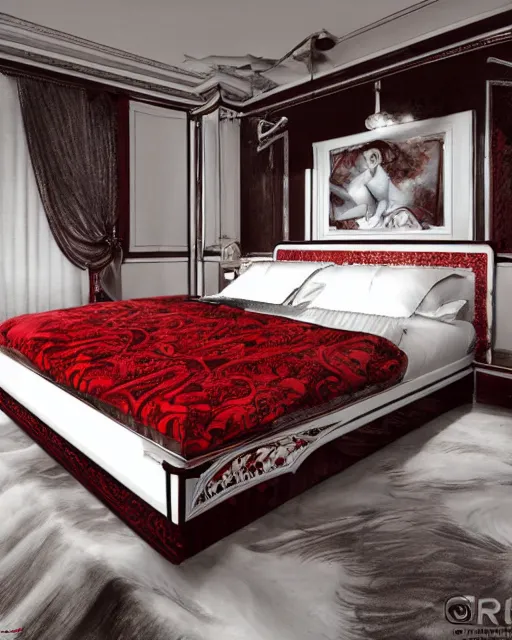 Prompt: art deco bed, red and white, ultra detail, photoreal, professionally retouched, wide angle, 8 k high definition, insanely detailed, intricate, elegant, art by artgerm and wlop