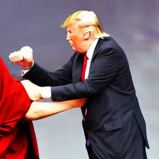 Prompt: a photo of the Dalai Lama punching Donald Trump in the face