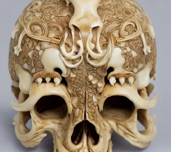 Image similar to an intricately detailed carving in an human - octopus skull, rococo ornate bone and ivory sculpted skull with teeth and tentacles, horror, artifact, micro detailed, inscribed with occult symbols, otherworldly