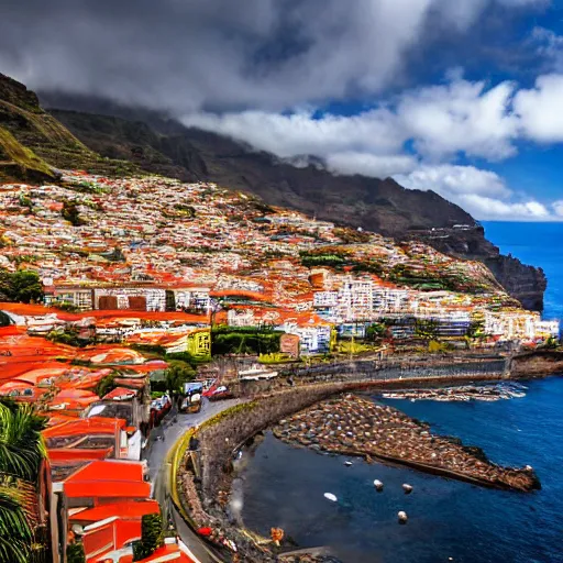 Image similar to madeira island, funchal, very very wide shot, realism, cinematic shot