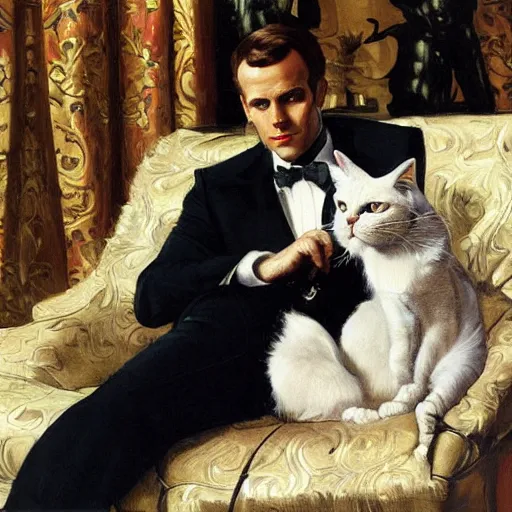 Prompt: portrait of macron reclining on the sofa, petting a cat, black suit, by j. c. leyendecker, tamara de lempicka