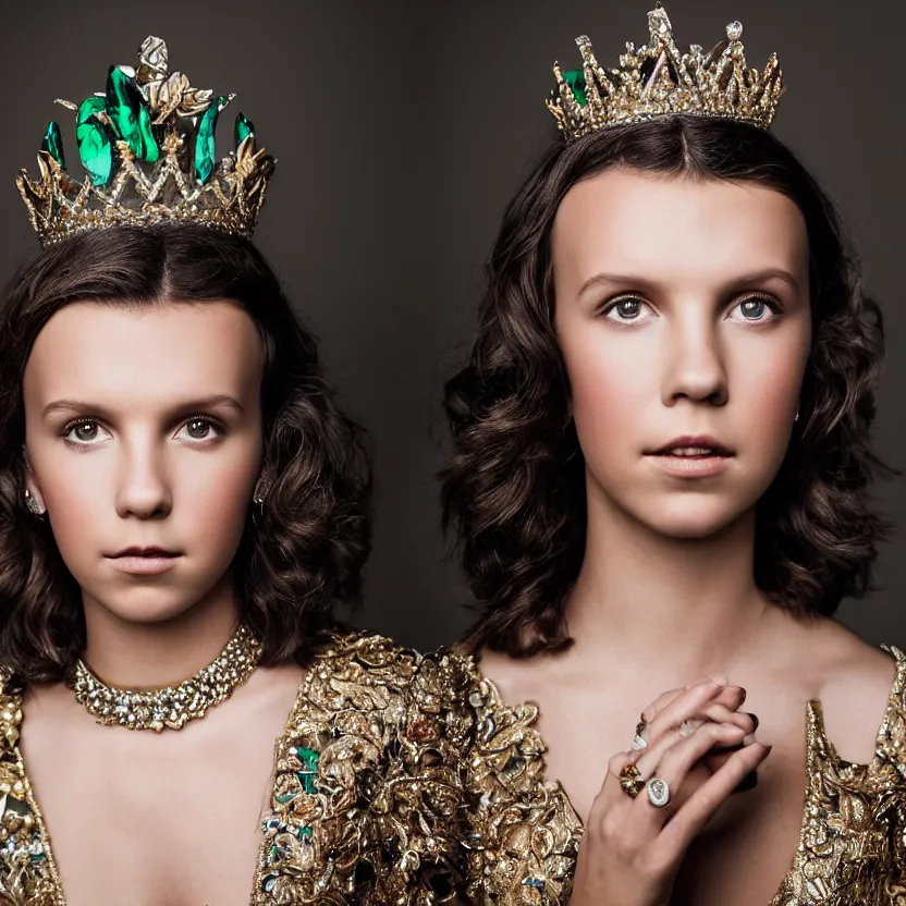 Image similar to millie bobby brown as queen, big crown adorned with emerald, diamonds, topaz and other jewellaries, sensual, beautiful soft light failling on her face, studio photography, nikon 3 5 mm portrait photography, ultra realistic