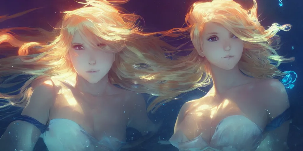 Prompt: blonde anime girl, underwater in the ocean at night, atmospheric, volumetric lighting, glowing lights, 4k, octane, digital painting, artstation, concept art, sharp focus, illustration, art by artgerm and greg rutkowski and alphonse mucha