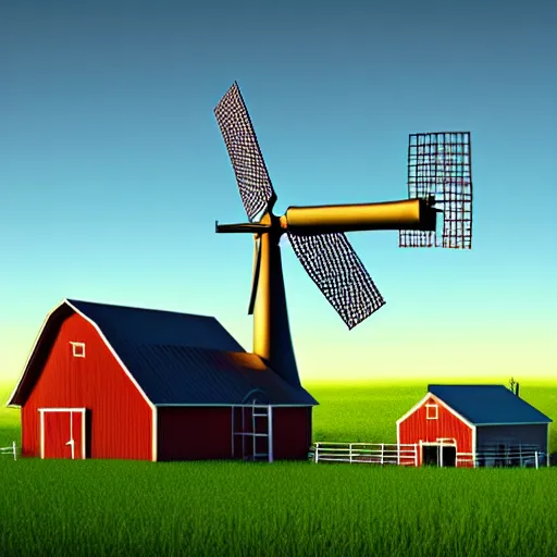 Image similar to farm theme, linux, windmill, broken pipe, 3 d art, digital illustration, perfect lighting