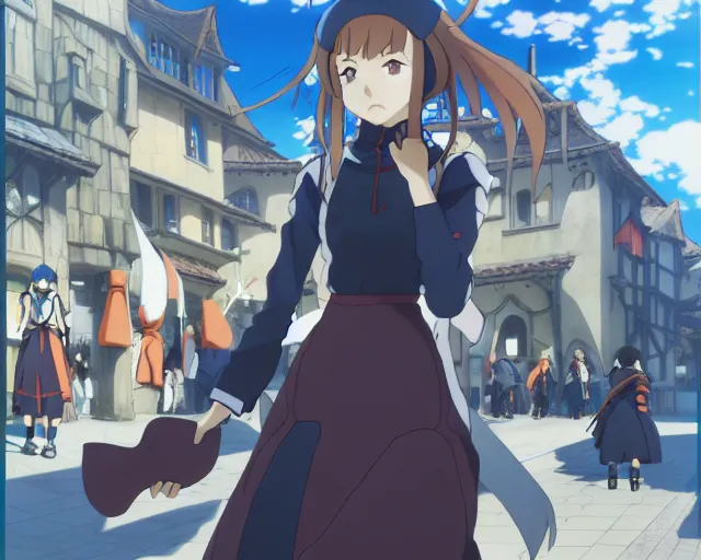 Image similar to anime visual, portrait of a young female walking through a busy medieval village, face by yoh yoshinari, murata range, last exile, blue submarine no 6, dynamic pose, dynamic perspective, detailed silhouette, cel shaded anime