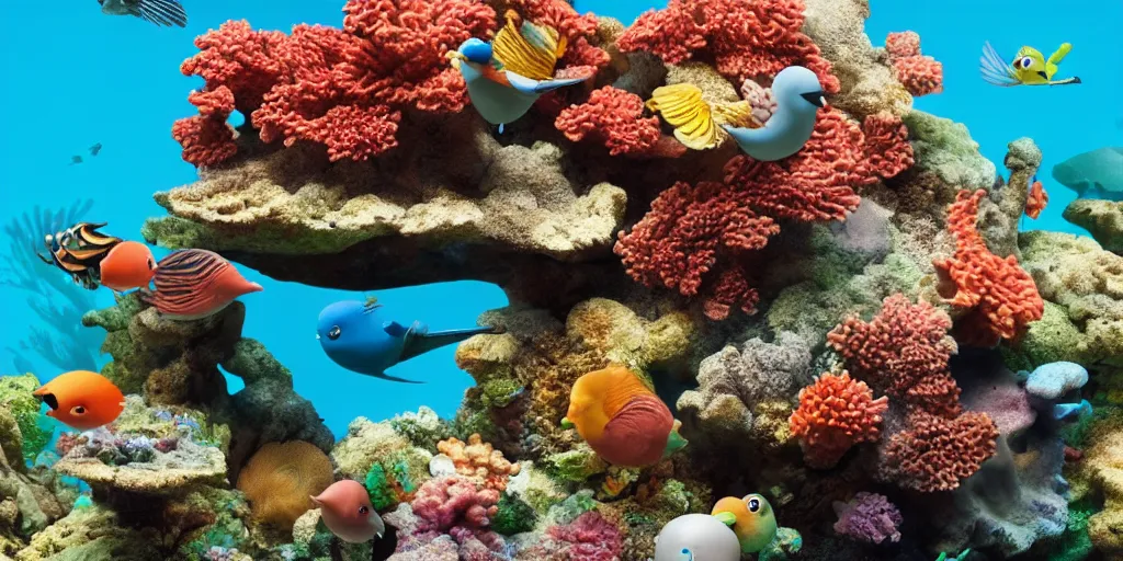 Prompt: detailed photo of corals with birds living in them, renderman