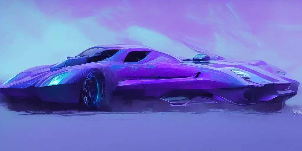 Image similar to full view of a car, painted in purple and teal holographic pearlescent, elegant, digital painting, concept art, smooth, sharp focus, art style from Wang Ke and Greg Rutkowski and Bruce Kaiser and Scott Robertson and Dmitry Mazurkevich and Doruk Erdem and Jon Sibal, small style cue from Blade Runner