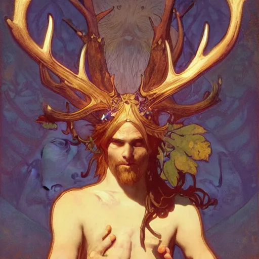 Prompt: haughty Viking fae god with shining eyes and antlers, by Greg Rutkowski, Alphonse Mucha, and Brom