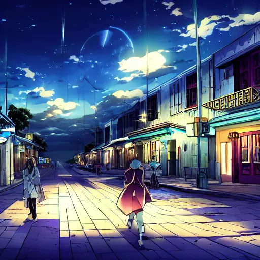 Image similar to key anime visual of a costal florida town at midnight, dark outside, modern anime style, official anime still