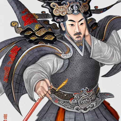 Image similar to dynamic composition, motion, ultra-detailed, incredibly detailed, a lot of details, amazing fine details and brush strokes, colorful and grayish palette, smooth, HD semirealistic anime CG concept art digital painting, watercolor oil painting of a Tang Ming dynasty chinese tao fantasy general wearing armor, from Three Kingdoms, by a Chinese artist at ArtStation, by Huang Guangjian, Fenghua Zhong, Ruan Jia, Xin Jin and Wei Chang. Realistic artwork of a Chinese videogame, gradients, gentle an harmonic grayish colors.