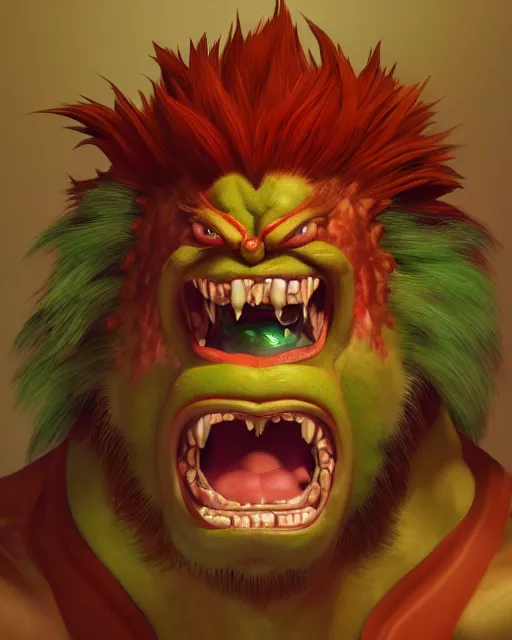 Prompt: portrait of blanka from street fighter, au naturel, hyper detailed, digital art, trending in artstation, cinematic lighting, studio quality, smooth render, unreal engine 5 rendered, octane rendered, art style by klimt and nixeu and ian sprigger and wlop and krenz cushart.