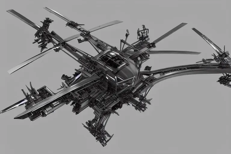 Prompt: concept art of a futuristic helicopter, in gunmetal grey, extremely symmetrical, blueprint schematics, top down view, bottom view, side view, aggressive panels, mecha inspired, russian chopper, minigun turret, robotic, highly detailed, artstation, pinterest, super realistic, houdini 3 d, octane render