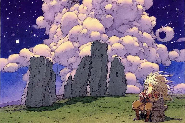 Image similar to hyperrealist studio ghibli watercolor fantasy concept art of a giant from howl's moving castle sitting on stonehenge like a chair. it is a misty starry night. by rebecca guay, michael kaluta, charles vess