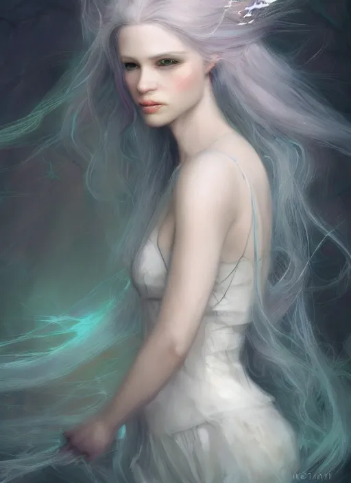 Image similar to pale, beautiful fairy spirit with long hair, pastels, fantasy, elegant, concept art, sharp focus, beautiful face!!, digital art, Hyper-realistic, 4K, Unreal Engine, Highly Detailed, HD, Dramatic Lighting, Beautiful, by Brom, trending on Artstation