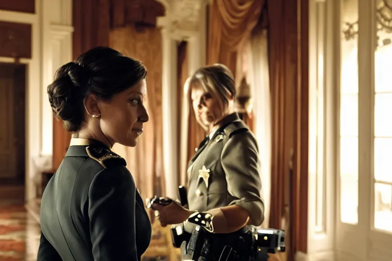 Prompt: cinematography closeup portrait of a beautiful lady cop talking to her shoulder radio in an decadent mansion foyer by Emmanuel Lubezki