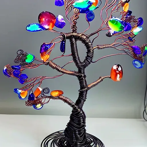 Image similar to intricate wire tree windswept and wing shaped with agate accents, delicate, magnificent design, masterpiece, colorful, surreal, elaborate, dramatic lighting