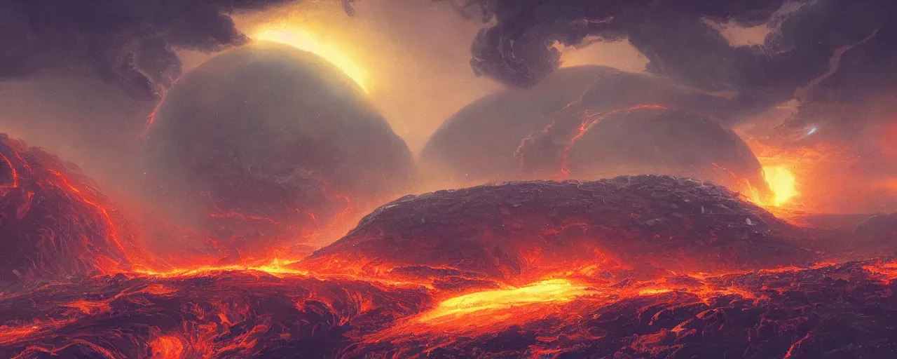 Image similar to ” outer planet with flowing rivers of magma, storm clouds and erupting volcanoes, [ art by paul lehr, cinematic, detailed, epic, widescreen, opening, establishing, mattepainting, photorealistic, realistic textures, octane render ] ”