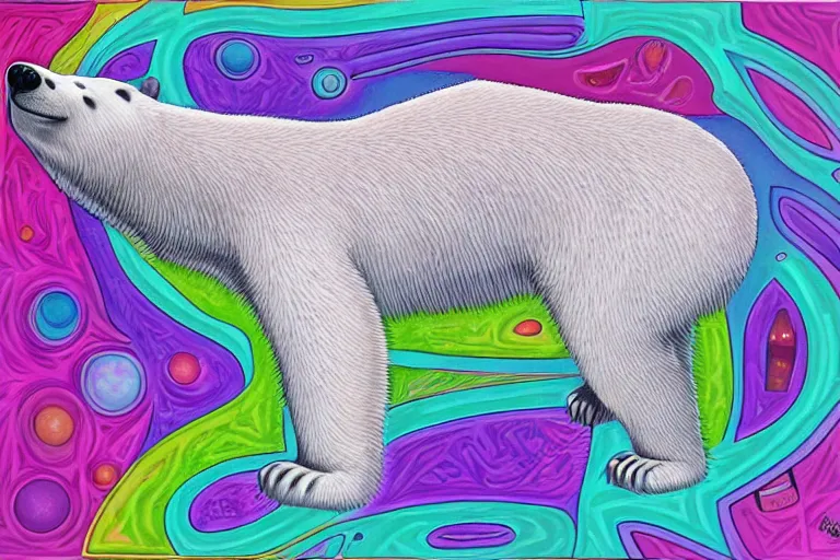 Prompt: a relaxed polar bear looking to the sky by lisa frank, alex grey, flooko, acrylic, digital art, painting,