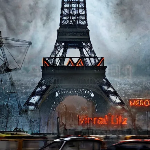 Image similar to A beautiful intricate 8K award-winning ground-level cinematic movie photograph of the future rusting rubble of the fallen and decimated Eiffel Tower, lying in pieces on the ground, surrounded by neon and collapsing corporate video billboard displays. in the year 2050, by Bruno Delbonnel and greg rutkowski. octane render, Arri Alexa 65. Cinematic lighting