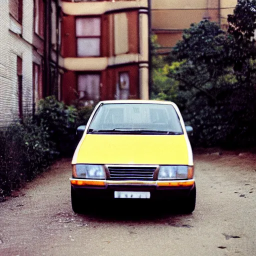 Image similar to low angle shot of russian car in soviet yard with block of flats, cinestill 800t , 80mm ,polaroid, masterpiece, f 1.6, bokeh, mid day in style of william egglestone