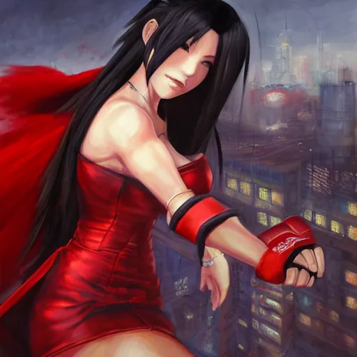 Image similar to oil painted portrait of tifa lockhart from from final fantasy 7 in her signature red dress with the steam punk city midgard as backdrop, by master artist yoshitaka amano trending on artstation