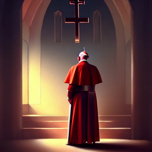 Image similar to pope standing in a curch, digital painting, greg rutkowski, artstation, cinematic, matte painting