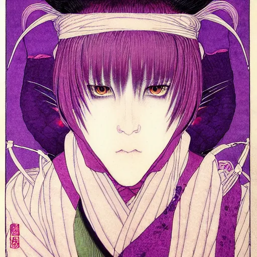 Prompt: prompt : portrait of muse soft light painted by takato yamamoto, purple iris rinnegan eyes, inspired by ninja anime, smooth face feature, intricate oil painting, high detail, sharp high detail, manga and anime