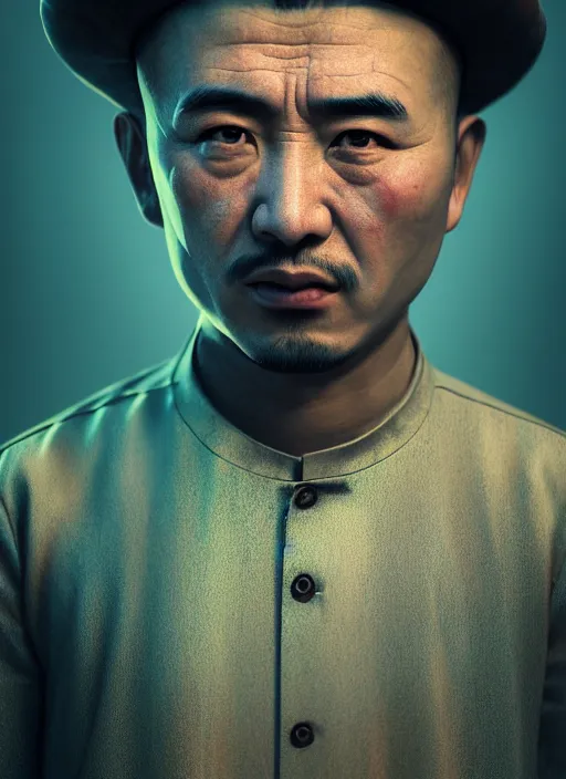 Prompt: centered painted portrait, a uyghur muslim man in a prison, matte painting concept art, art nouveau, beautifully backlit, swirly vibrant color lines, fantastically gaudy, aesthetic octane render, 8 k hd resolution