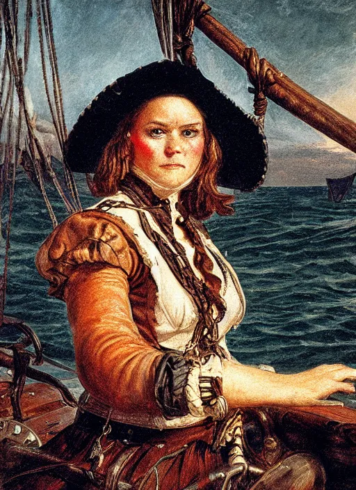 Image similar to close - up portrait of a female pirate with two peglegs and two hook hands, standing at the wheel of a galleon, sails and rigging, detailed dynamic light painting by albrecht anker