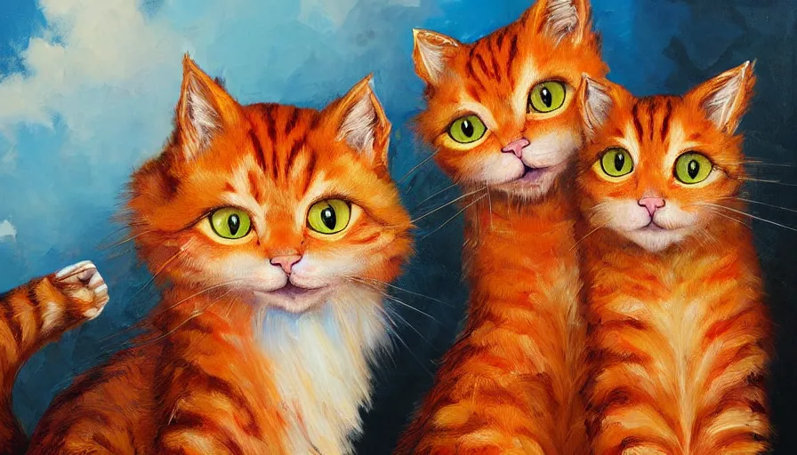 Prompt: highly detailed contemporary acrylic painting of really tall sitting cats by justin gerard, thick brush strokes and visible paint layers, vivid multicolor scheme