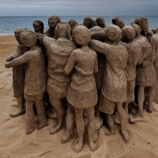 Image similar to This sculpture depicts a scene from the Spanish Civil War, which was a time of great turmoil and strife in Spain. The sculpture shows a group of people on a beach, with the ocean in the background. The people in the sculpture are all different sizes and shapes, and they are all looking in different directions. The sculpture is full of color and movement, and it is very expressive. The sculpture is also very powerful and emotional, and it has a very strong impact on the viewer. ivory by Suzanne Valadon flowing