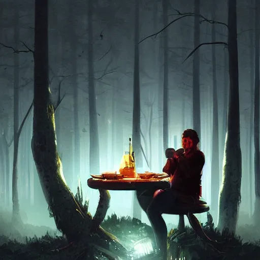 Prompt: an illuminated food critic eating on a solitary table by himself in the dark fantasy forest, where glowing eyes look at him from the trees, dark cosmic skies overhead, cinematic, matte painting, artstation, johan grenier