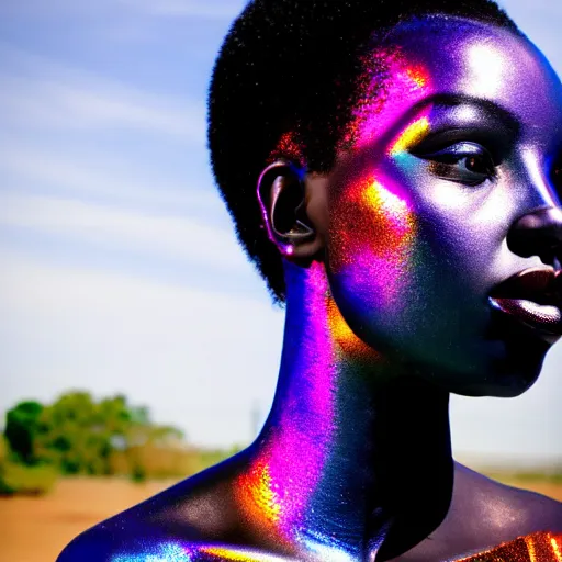 Prompt: portrait of iridescent metalic face, african woman, colorful reflections, proud, looking away, outdoor, blue sky, 8 k, realistic, depth of field, highly detailed, art photography