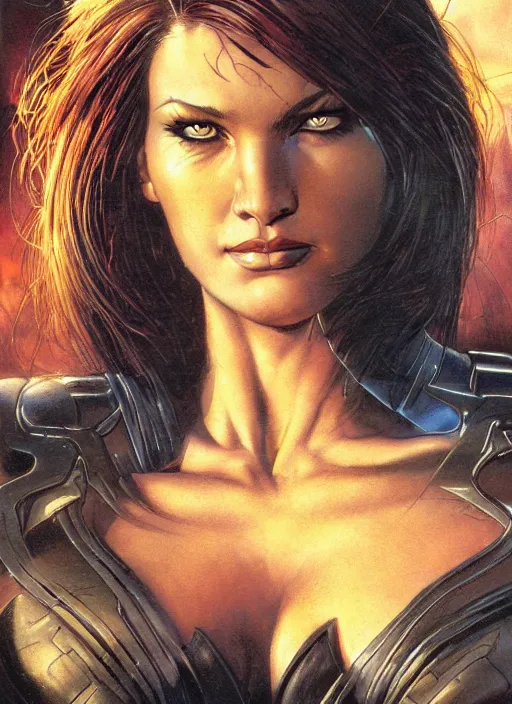 Image similar to face portrait, female from x men, by greg staples, frank frazetta, dorian cleavenger, sharp focus, intricate, summer day, sunlight, soft lighting, detailed