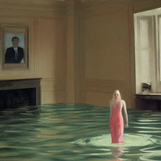 Prompt: painting of Elle Fanning in a flooded house interior, by Edward Hopper