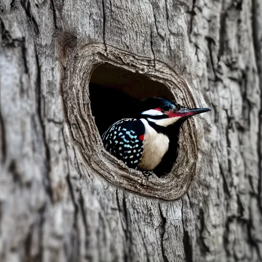 Prompt: 5 5 mm macro photo of a woodpecker inside a house in an oak tree, looking through the window. dof. bokeh. by arthur morris and luis royo. highly detailed 8 k. intricate. lifelike. soft light. cinematic processing