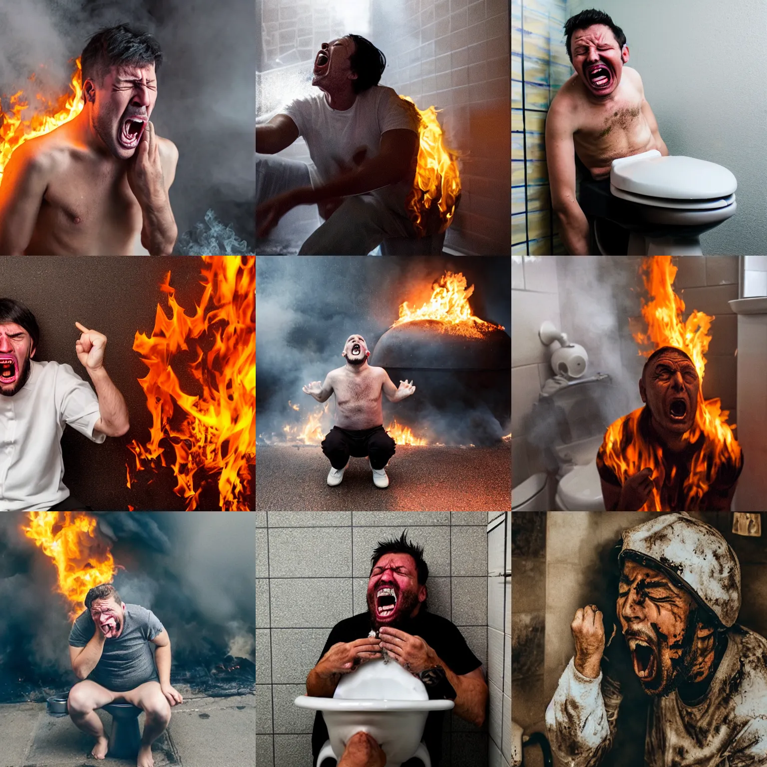 Prompt: a screaming man on a toilet that is on fire