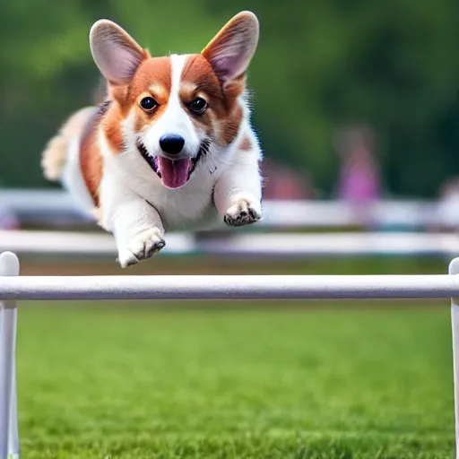 Prompt: corgi flying through hurdle, magical, afternoon, grass, fun fair, 4 k, award winning, high quality, carli davidson, john muir