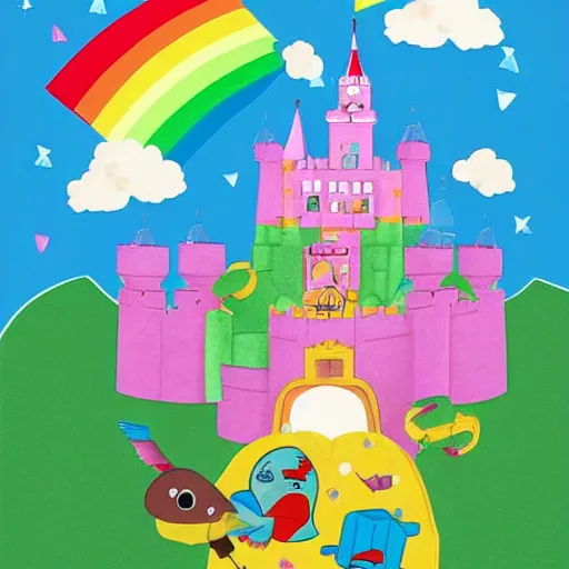 Image similar to small bird with a human head holding a piece of heavy cheese housing a mouse vomiting a rainbow, a big pink fluffy castle with slime canons in the background. small pilot princesses flying in space brownies attacking the fluffy castle