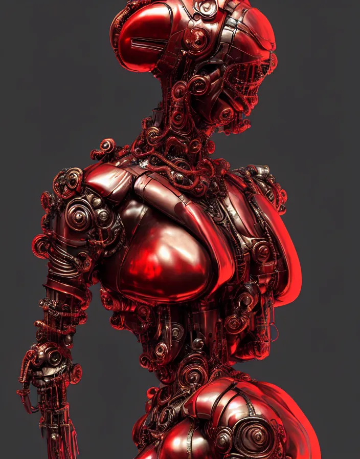 Prompt: portrait, antique marble statue, super hero pose, red biomechanical dress, inflateble shapes, wearing epic bionic cyborg implants, masterpiece, intricate, biopunk futuristic wardrobe, highly detailed, art by akira, mike mignola, artstation, concept art, background galaxy, cyberpunk, octane render