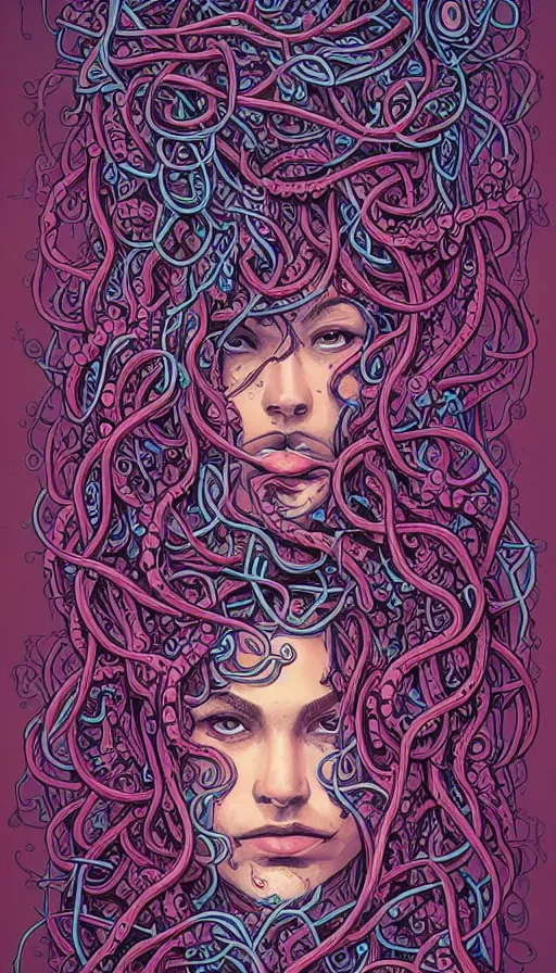 Image similar to very detailed portrait of a 2 0 years old girl surrounded by tentacles, the youg woman visage is blooming from fractal and vines, by dan mumford,