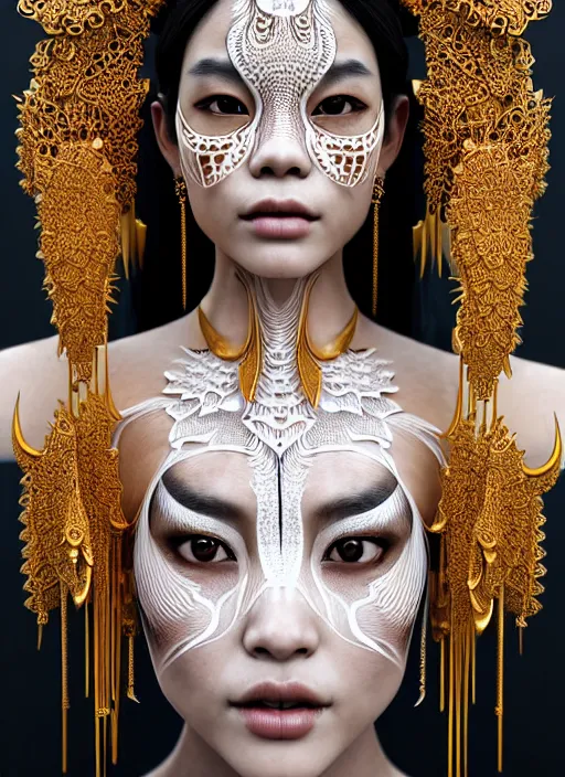 Image similar to absurdly beautiful young thai woman with symmetrical white makeup, wearing an intricate headdress made from bones, wearing large earrings made from white bones, hyperdetailed illustration by irakli nadar and alexandre ferra, intricate linework, in the style of a national geographic portrait, unreal engine 5 highly rendered, global illumination, radiant light, detailed and intricate environment